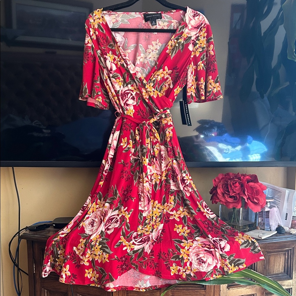Donna Morgan Red Floral Wrap Midi Dress